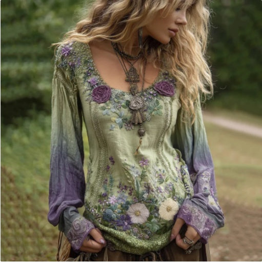 Gradient Lavender Floral Embroidered Linen Blouses