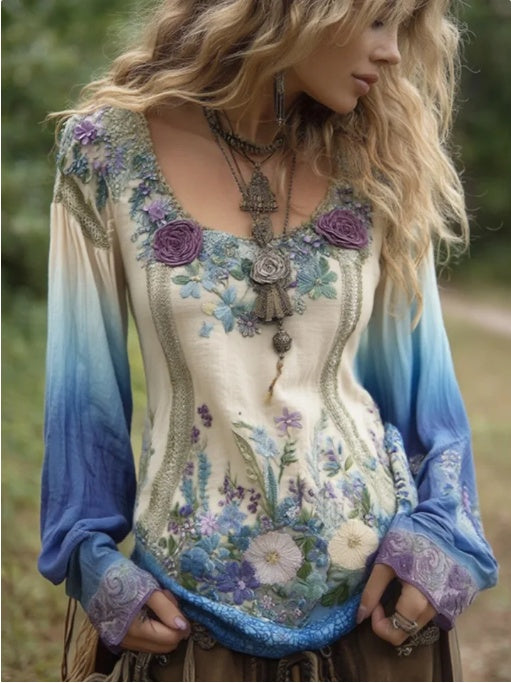 Gradient Lavender Floral Embroidered Linen Blouses