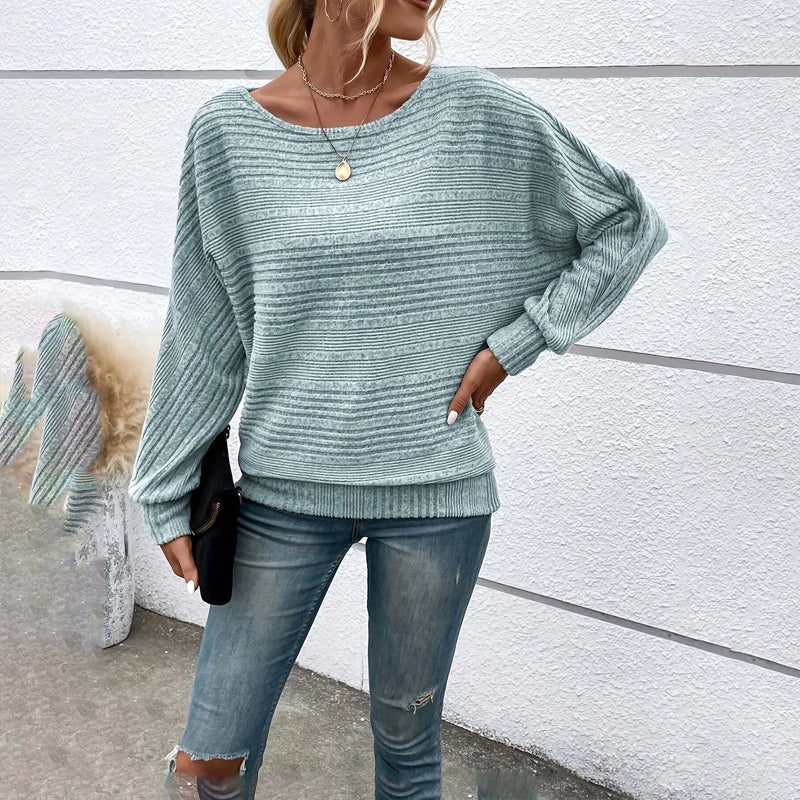 Women's Textured Round Neck Long Sleeve Top - Casual Solid Pullover For Spring & Fall
