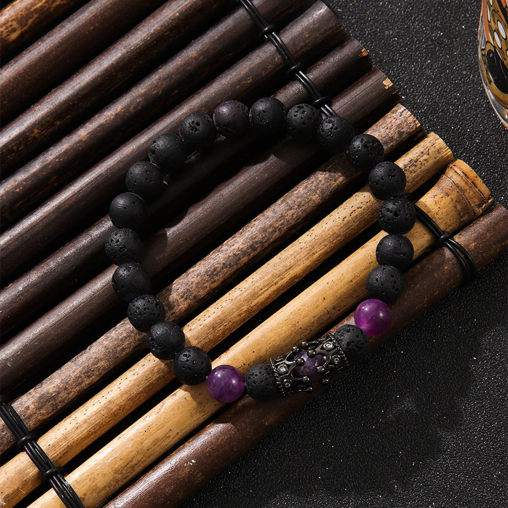 Micro Inlaid Zircon Crown Volcanic Rock Beaded Bracelet