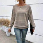 Women's Textured Round Neck Long Sleeve Top - Casual Solid Pullover For Spring & Fall