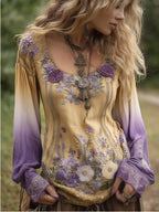 Gradient Lavender Floral Embroidered Linen Blouses