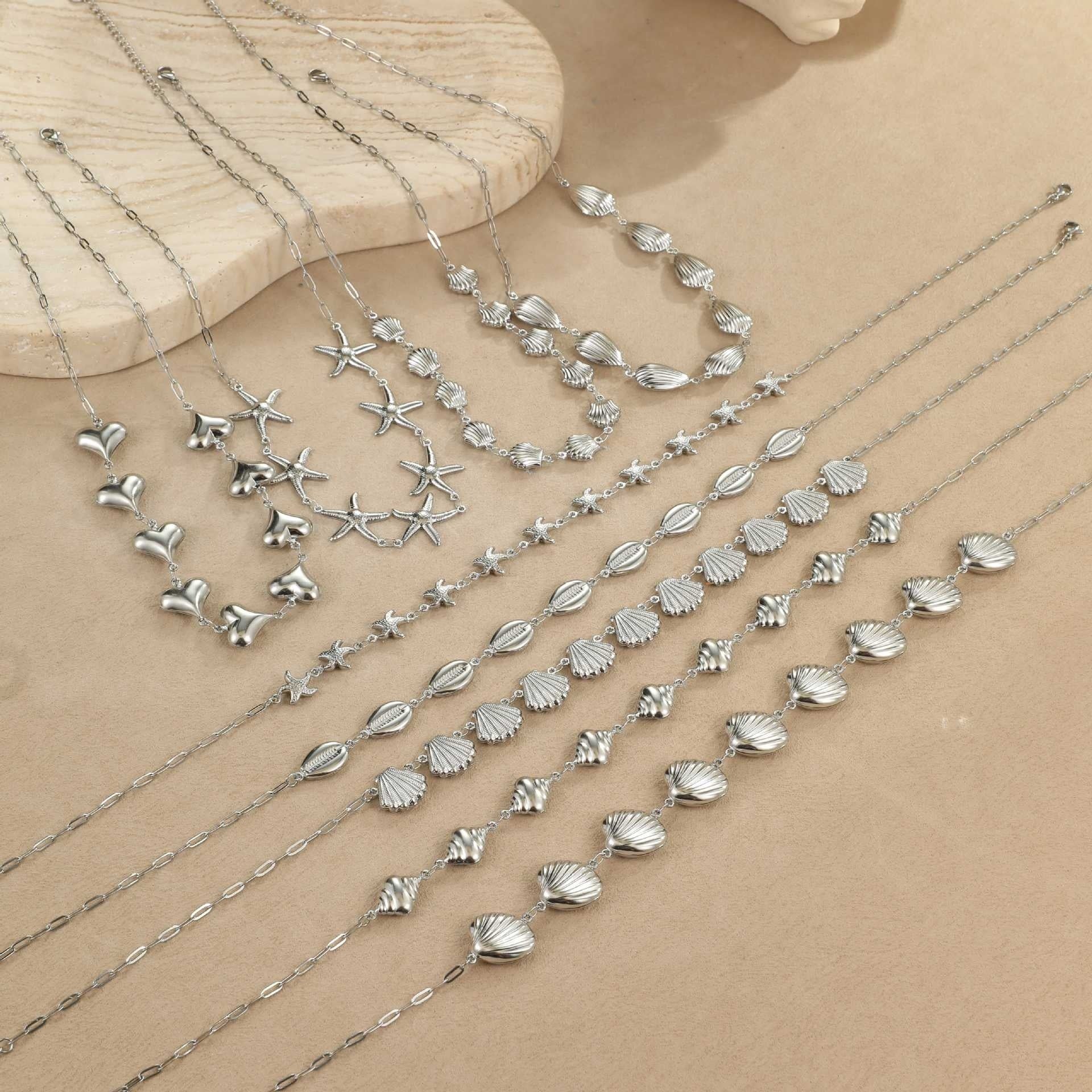 Ocean Wind Stainless Steel Sea Star Shell Pendant Necklace