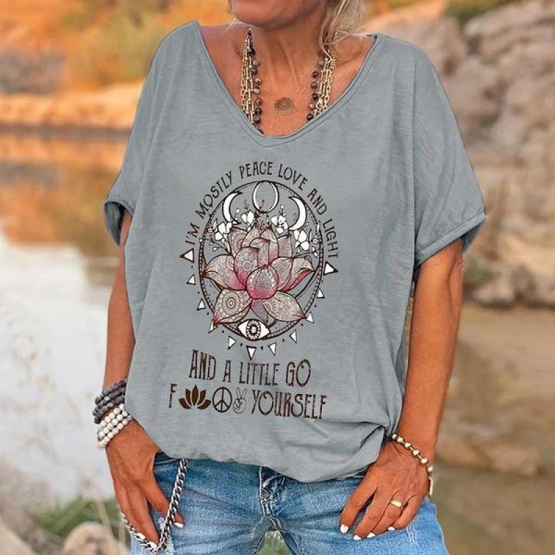 Loose V-neck Short Sleeve Digital Printed T-shirt