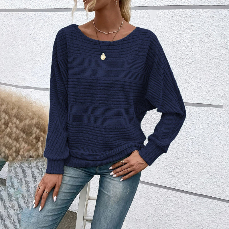 Women's Textured Round Neck Long Sleeve Top - Casual Solid Pullover For Spring & Fall