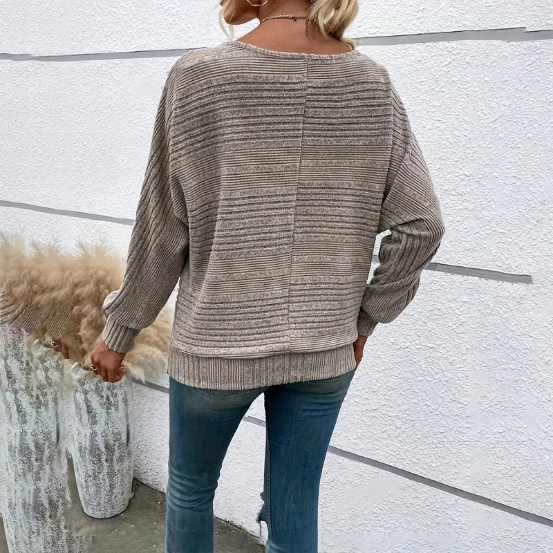 Women's Textured Round Neck Long Sleeve Top - Casual Solid Pullover For Spring & Fall