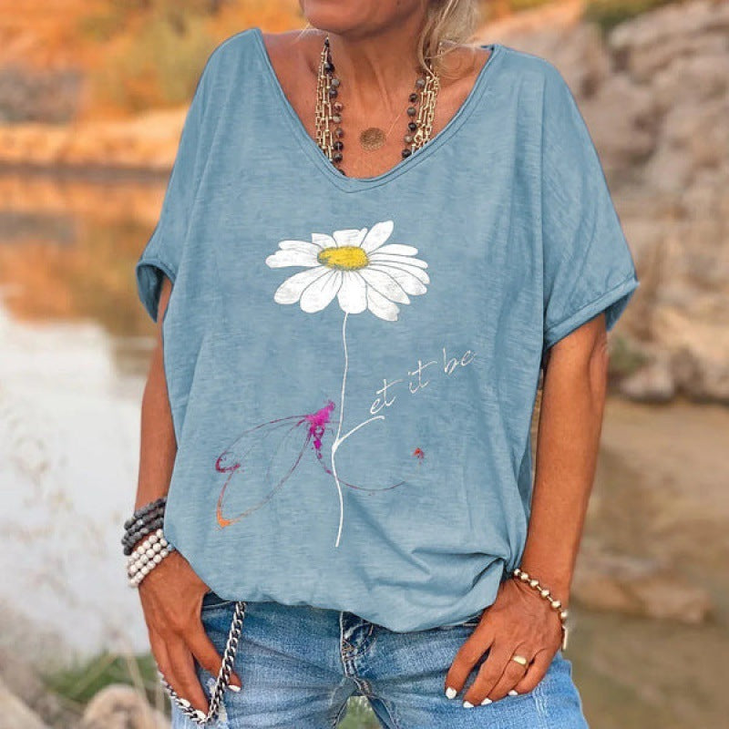 Loose V-neck Short Sleeve Digital Printed T-shirt