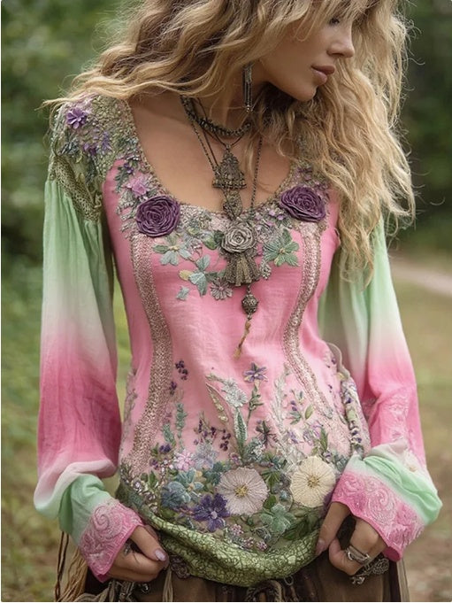Gradient Lavender Floral Embroidered Linen Blouses