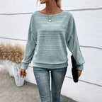 Women's Textured Round Neck Long Sleeve Top - Casual Solid Pullover For Spring & Fall
