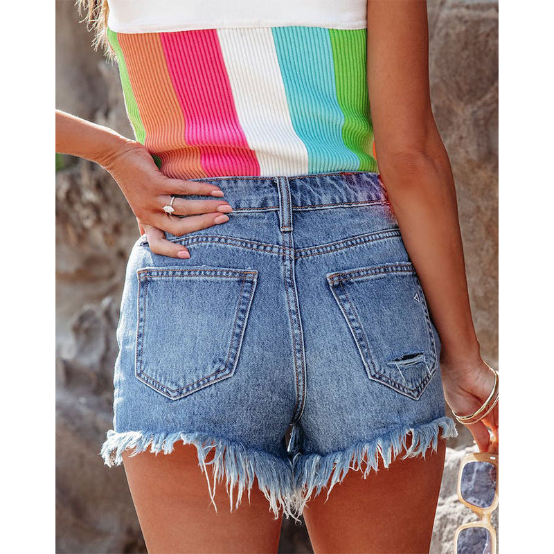 Ripped Brushed Casual Denim Women's Shorts