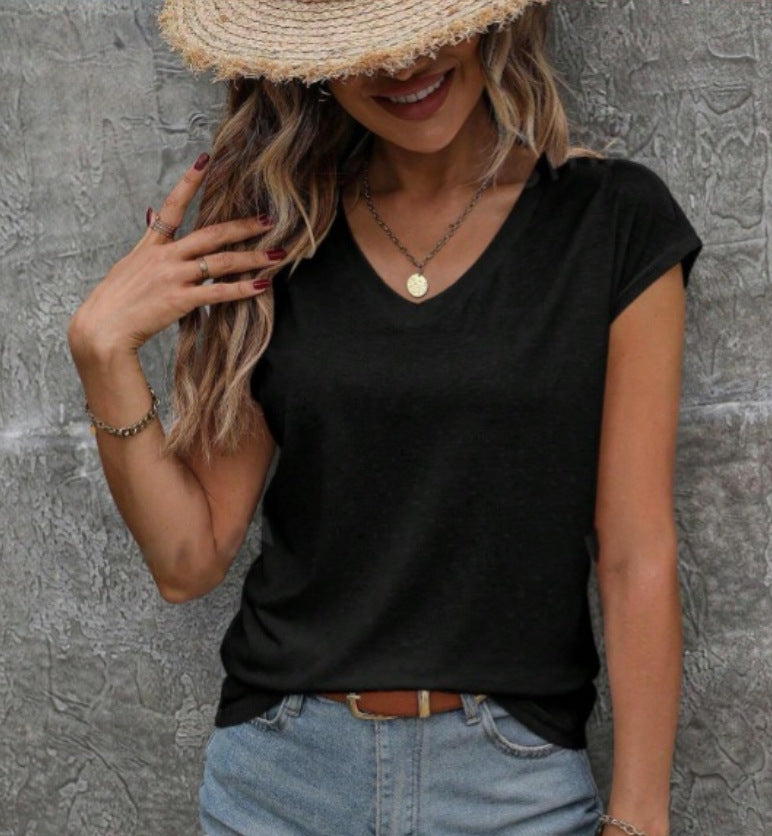 Women's Solid Color And V-neck Short Sleeve Loose