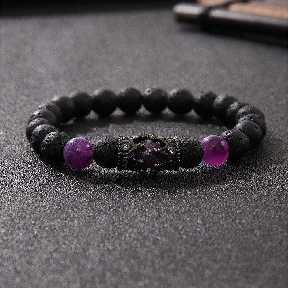 Micro Inlaid Zircon Crown Volcanic Rock Beaded Bracelet