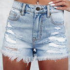 Mid-waist Denim Shorts Personalized Design Ripped Frayed Hem Straight-leg Pants