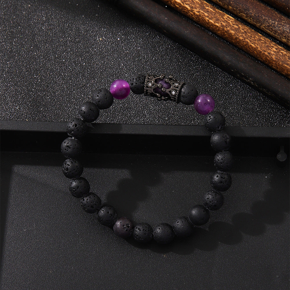 Micro Inlaid Zircon Crown Volcanic Rock Beaded Bracelet