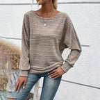 Women's Textured Round Neck Long Sleeve Top - Casual Solid Pullover For Spring & Fall