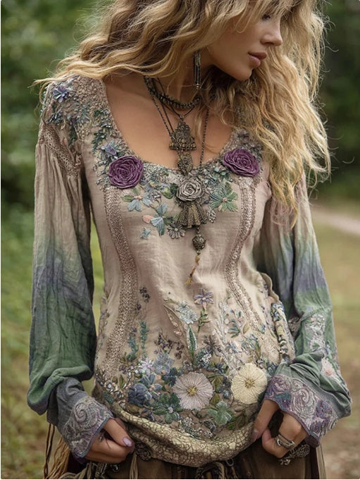 Gradient Lavender Floral Embroidered Linen Blouses