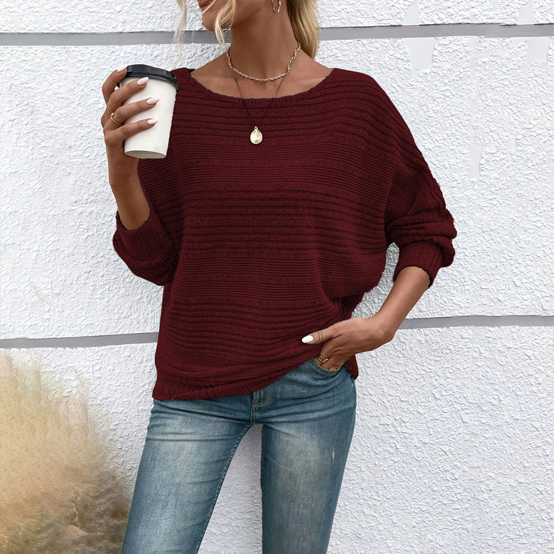 Women's Textured Round Neck Long Sleeve Top - Casual Solid Pullover For Spring & Fall